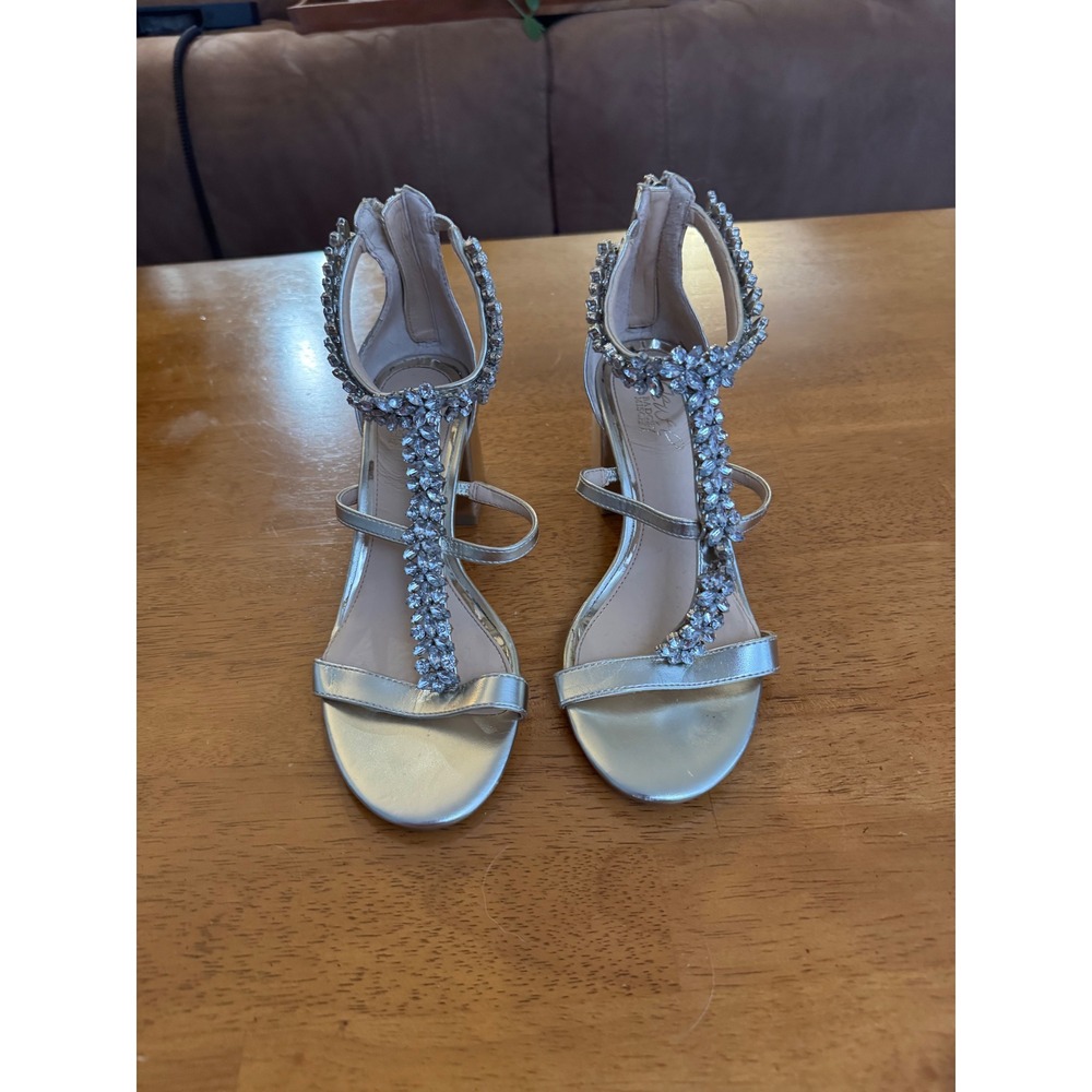 Jewel Badgley Mischka Metallic Gold Crystal Embellished Block Heel Sandal Sz 5.5